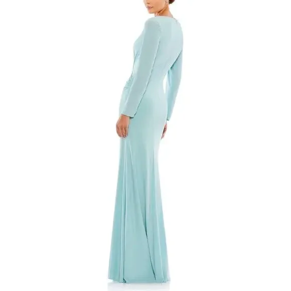 Mac Duggal Light Blue Long Sleeve Ruched Jersey V-Neck Formal Gown Size 4 - Picture 2 of 12
